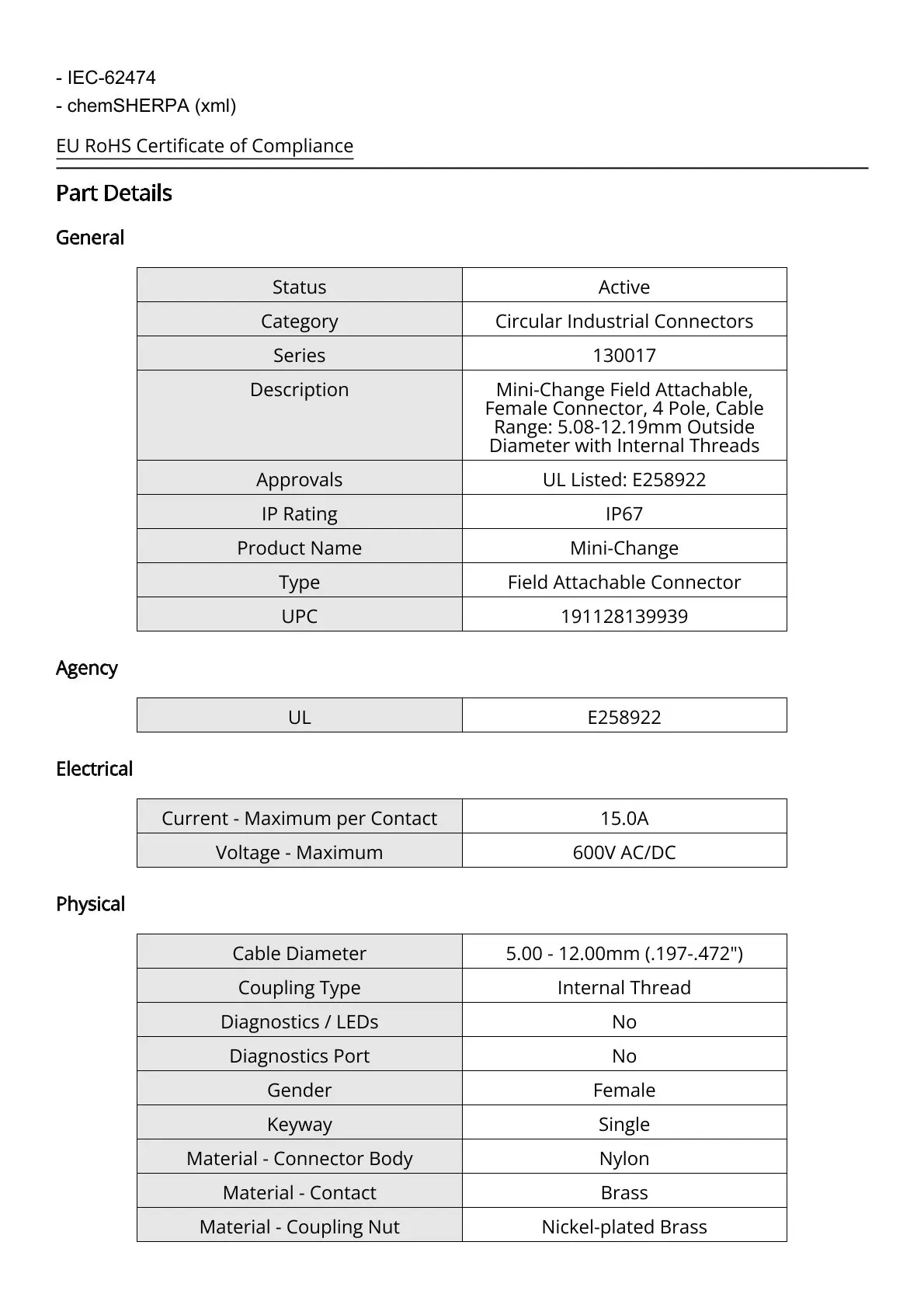 1R4000A39M005/ 1300130299   Conectores Circulares Molex Novos e Originais