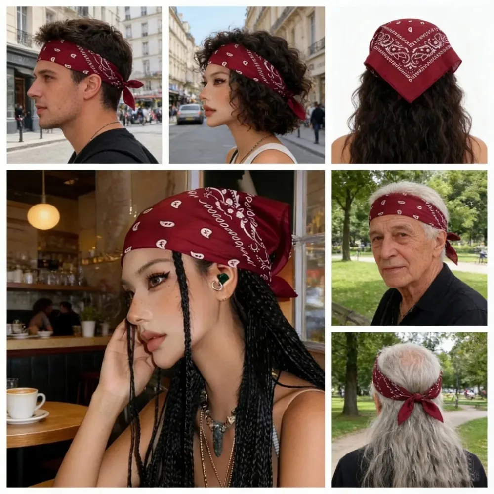 Retro Wine Red Square Bandana Scarf Y2K Hip Hop Multi-use Head Wrist Wrap Unisex Streetwear Gift
