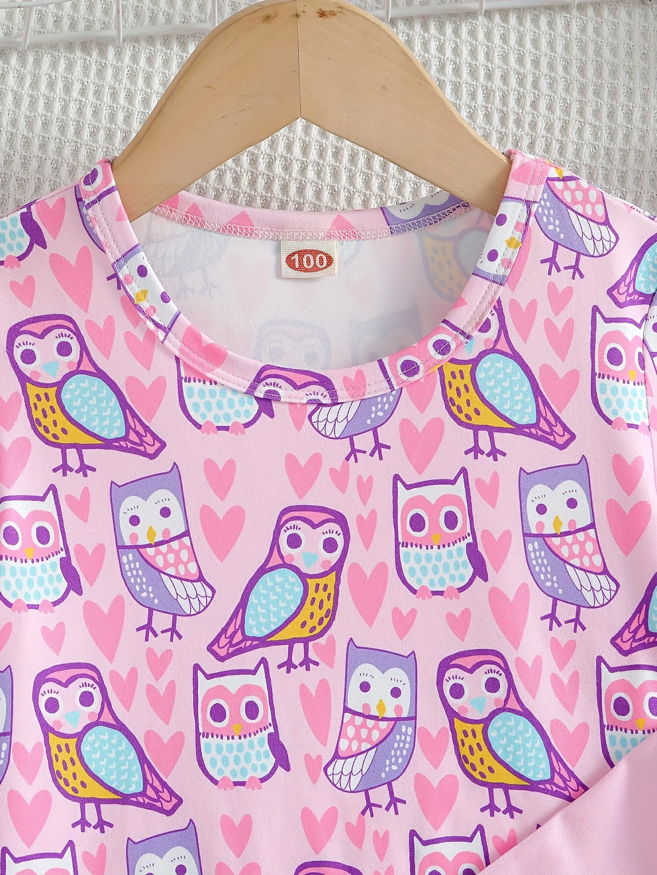 Little Girl Owl Print Short-sleeved Turtleneck and Owl Full-printed Pants and an Owl Full-printed Owl Dress 3-piece Sisterhood H