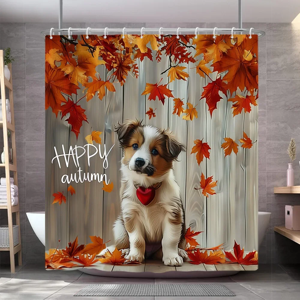 Autumn Farm Animal Shower Curtain Pumpkin Rustic Planks Yellow Maple Thanksgiving Polyester Fabric Shower Curtain Bathroom Decor