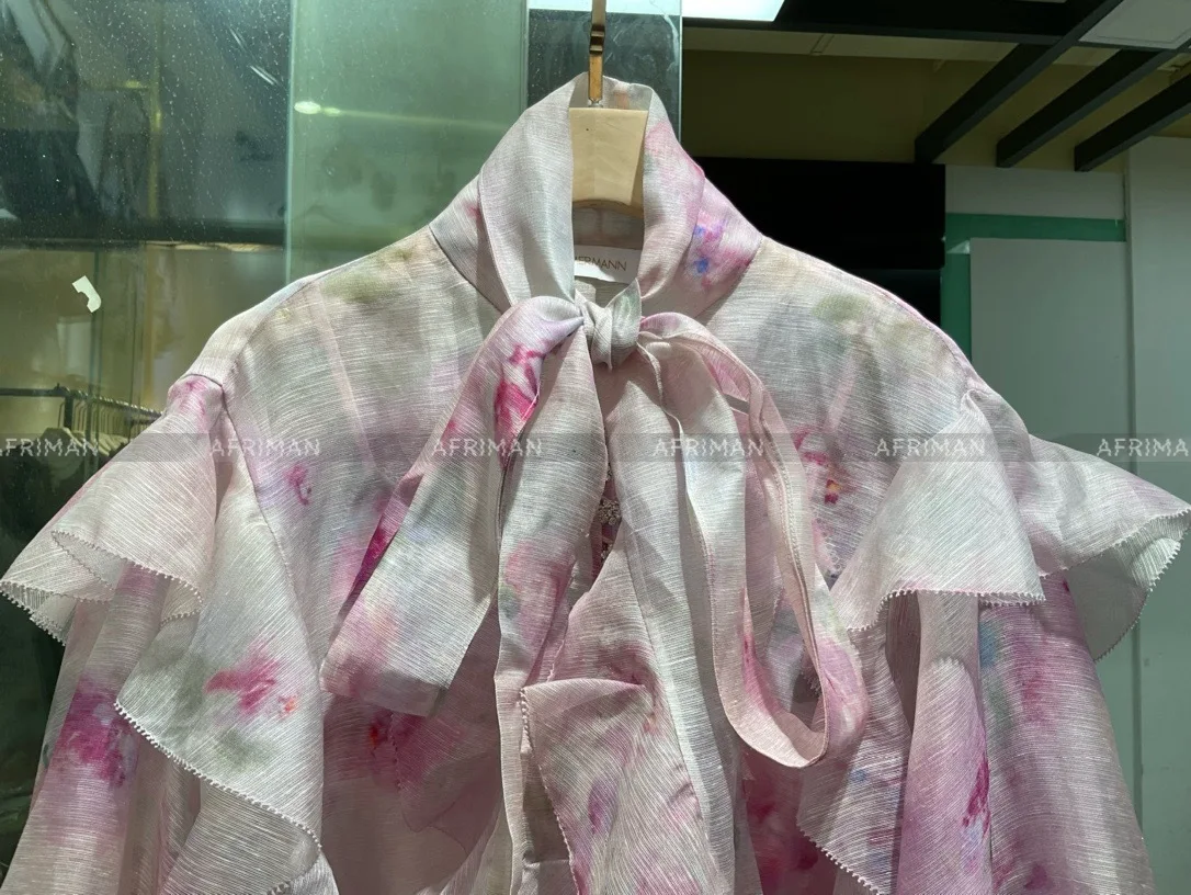 Women Ribbon Bow Collar Lantern Sleeve Pink Flower Print Diamond Button Silk Linen Loose Shirt Top