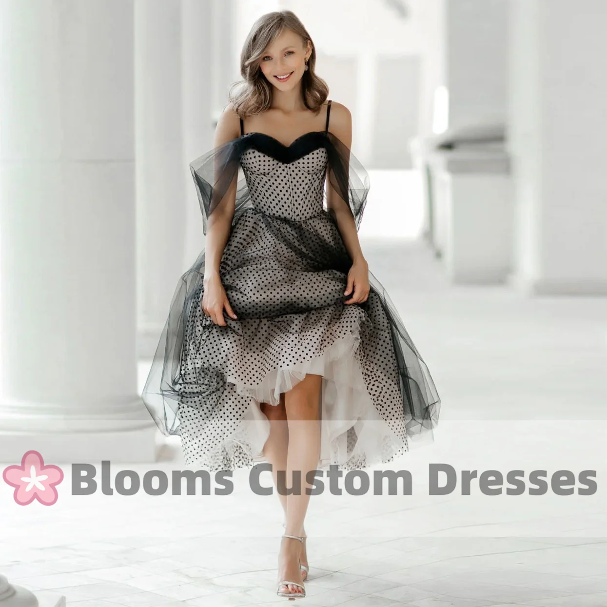 

Blooms Vintage Black Prom Dresses Sweetheart Wave Point Tulle Tea Length Draped Evening Gown Vestidos De Noche Elegant Dress