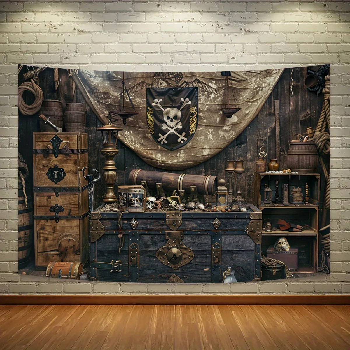 Pirate Party Treasure map background cloth, durable polyester, steering wheel design, suitable for birthdays and events