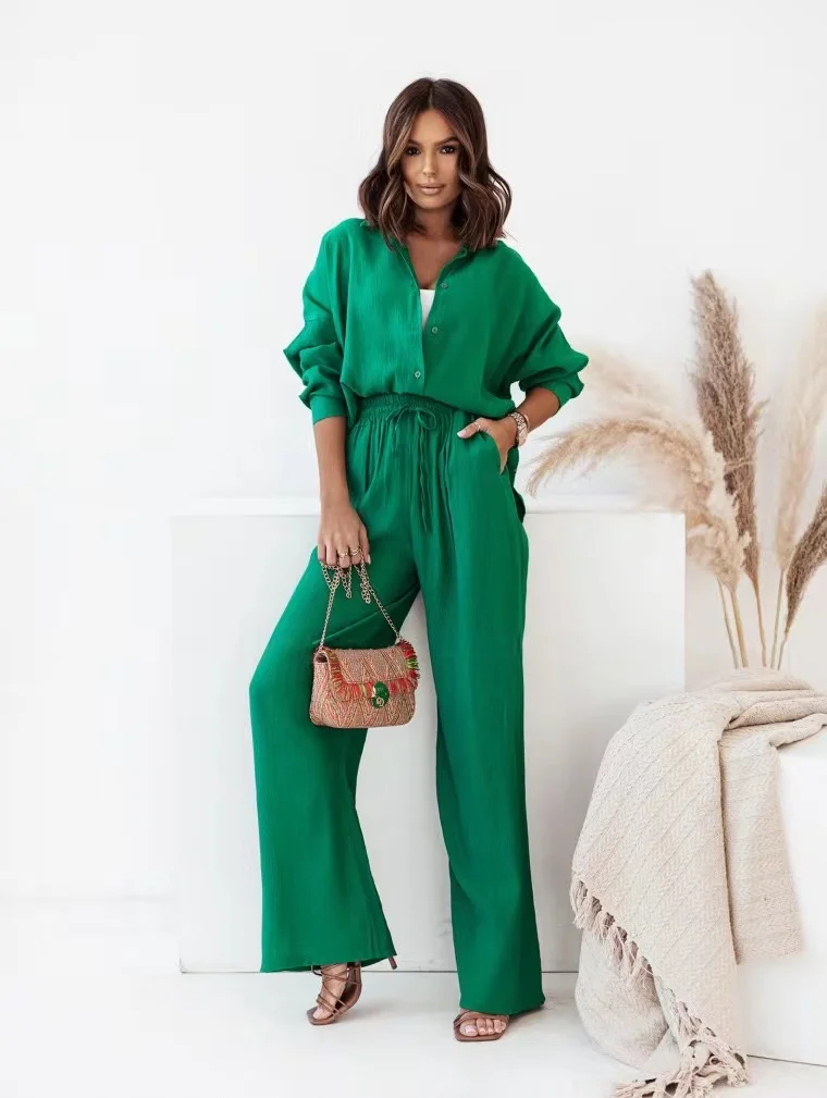 2023 Spring Autumn Trouser Suit Set for Women Office Wear Chic Shirts Two Piece Suit Women Elegant Wide Pants Outfits Tracksuit