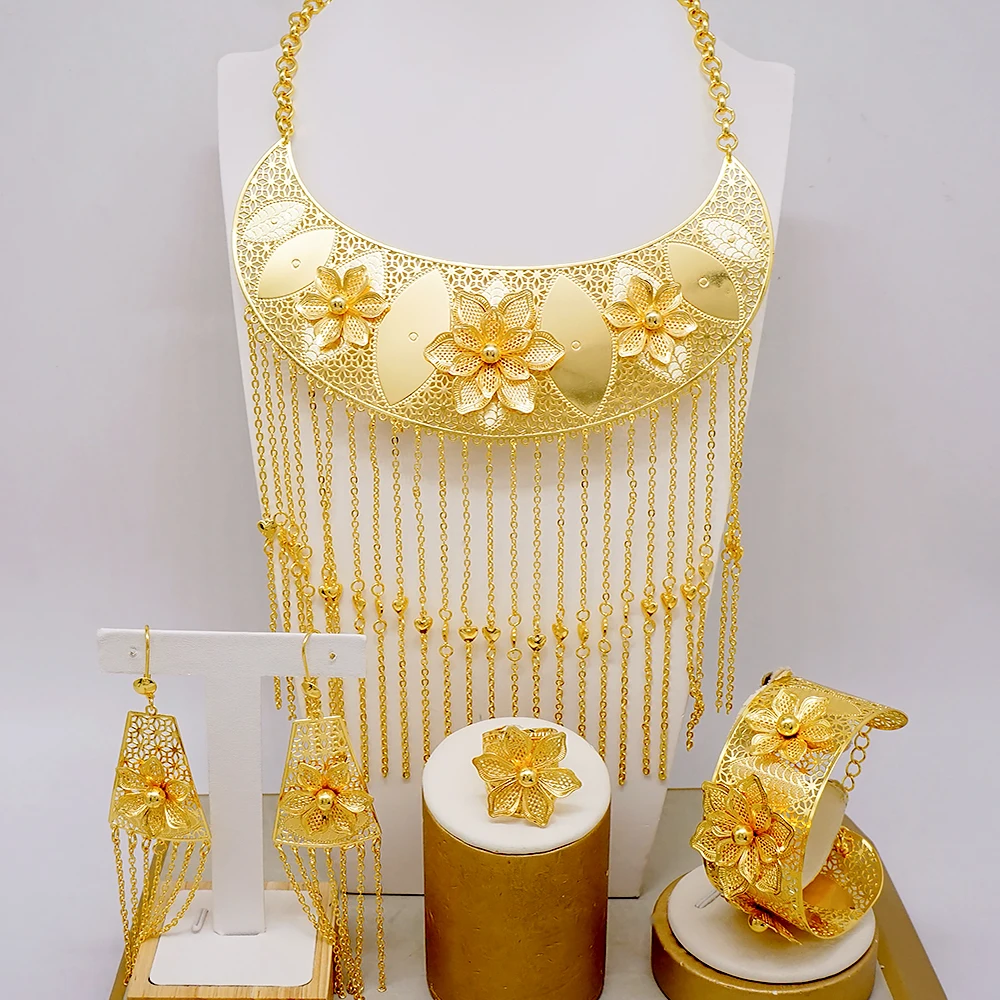 

Women Necklace Dubai 24k Plated Gold Jewelry Set Original Earrings Rings Bracelets Wedding Accessory Gifts Nigeria