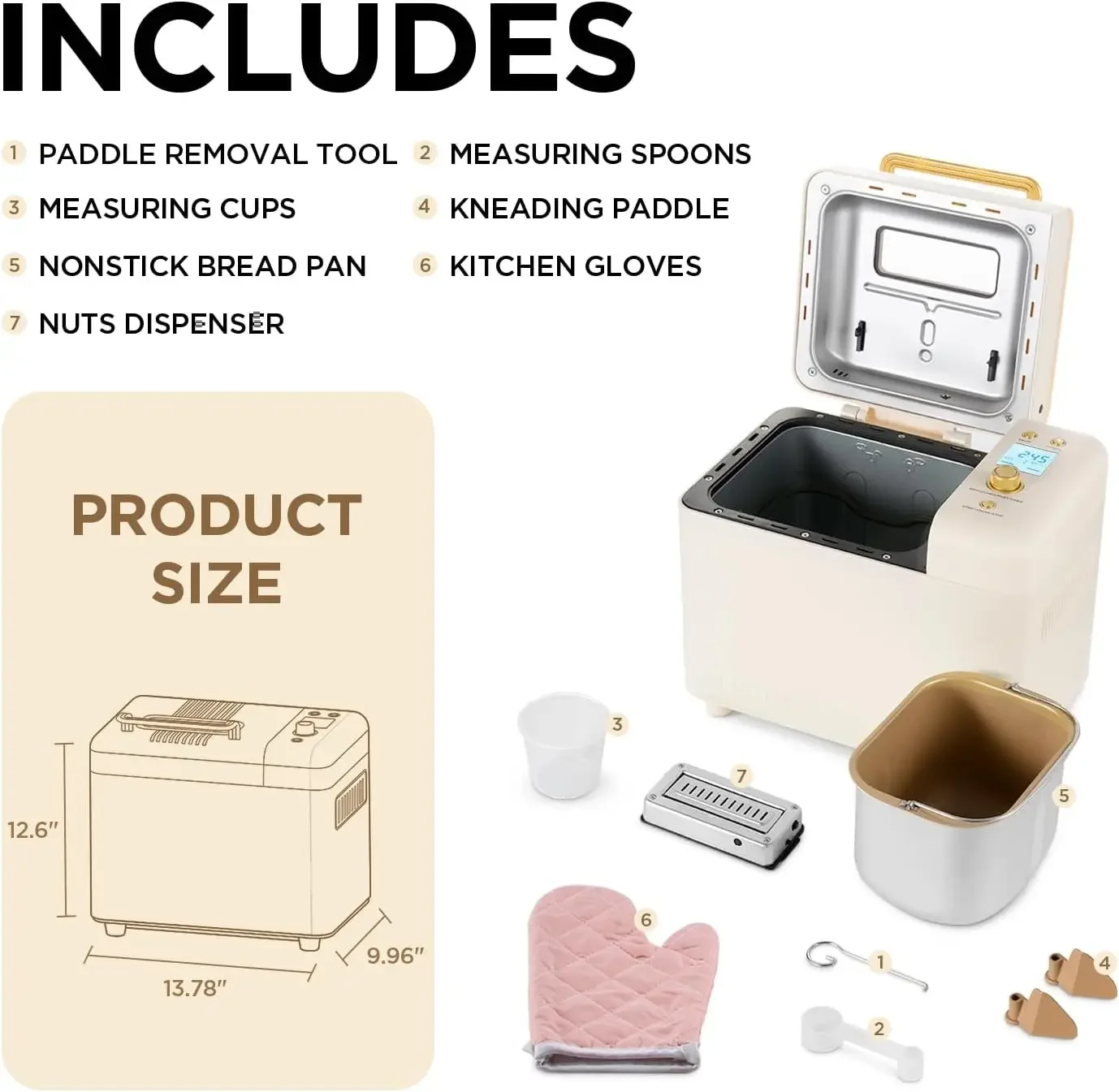 Bread Machine, 2.2LB 15-in-1 Bread Maker, Automatic Breadmaker Machine with Auto Nut Dispenser & Nonstick Ceramic Pan, Bread Mak