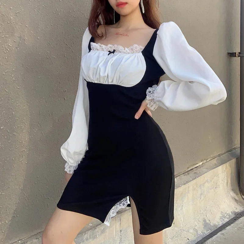 

Women Lace Bowknot Maid Dress Summer Sweet Puff Sleeve Long Sleeve Slim Waist Split Short Dress Contrast Color Cottagecore Dress