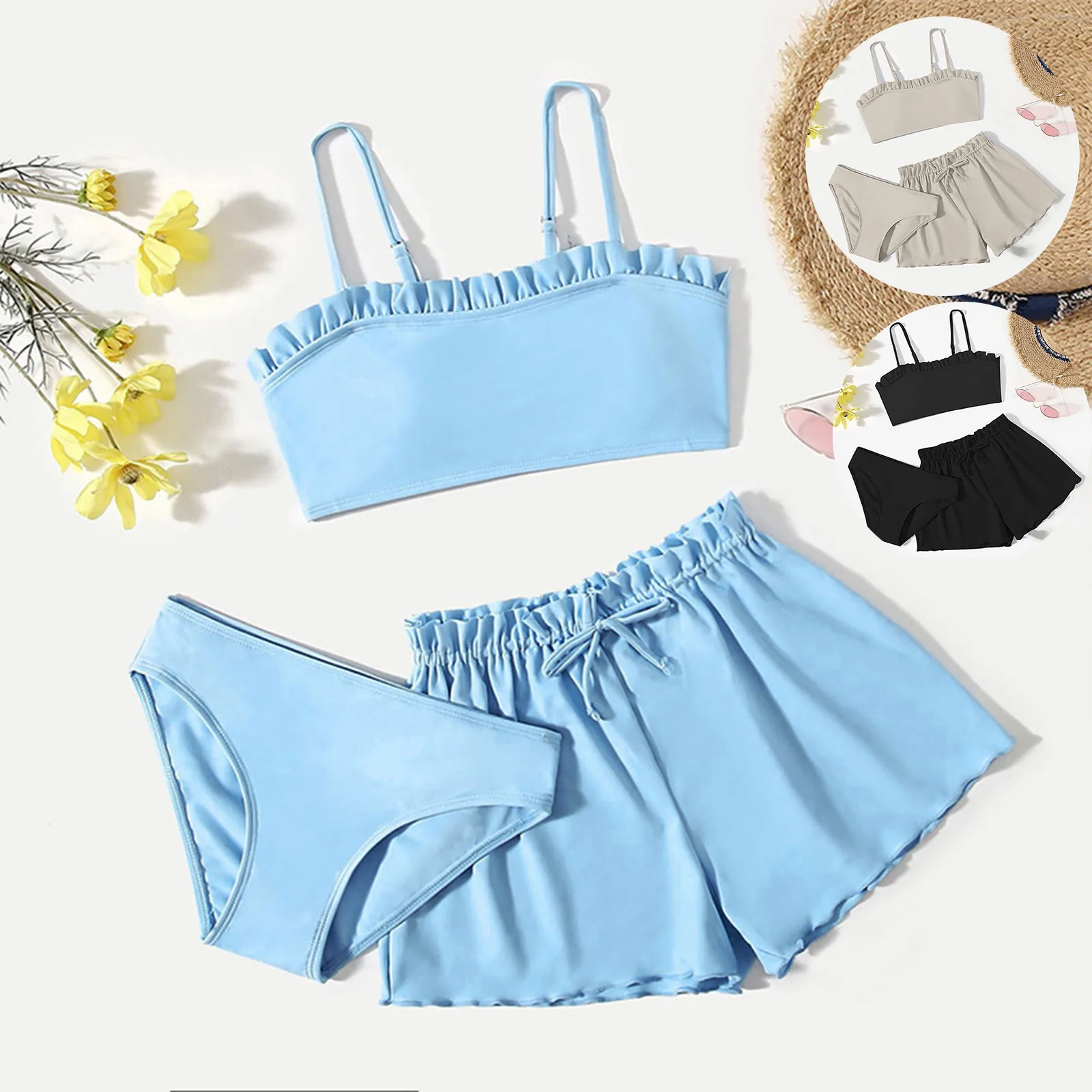Toddler Girl'S Soild Swimsuits 3 Piece Rullfe Bandeau Bikini Set And Shorts Beach Bathing Suit 2026 New Monokini Kids Tankinis