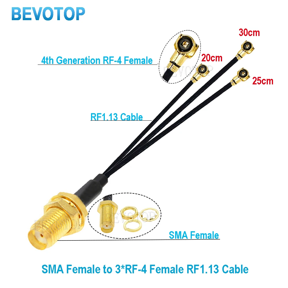 1PCS SMA Splitter Cable Right Angle SMA / RP-SMA Female to 3*u.FL/IPX-1 Female Jack RF1.13 Pigtail Extension Jumper