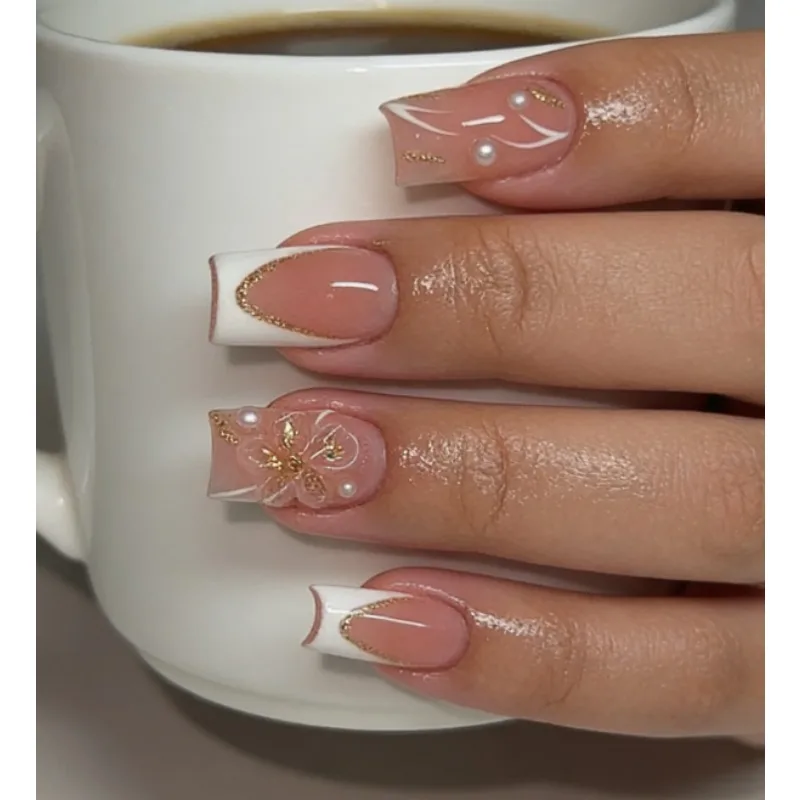 

24PCS Square Gold Glitter Floral Pearl False Nails Nude White Press on Nails Sweet Elegant French Spring Summer Design Manicure