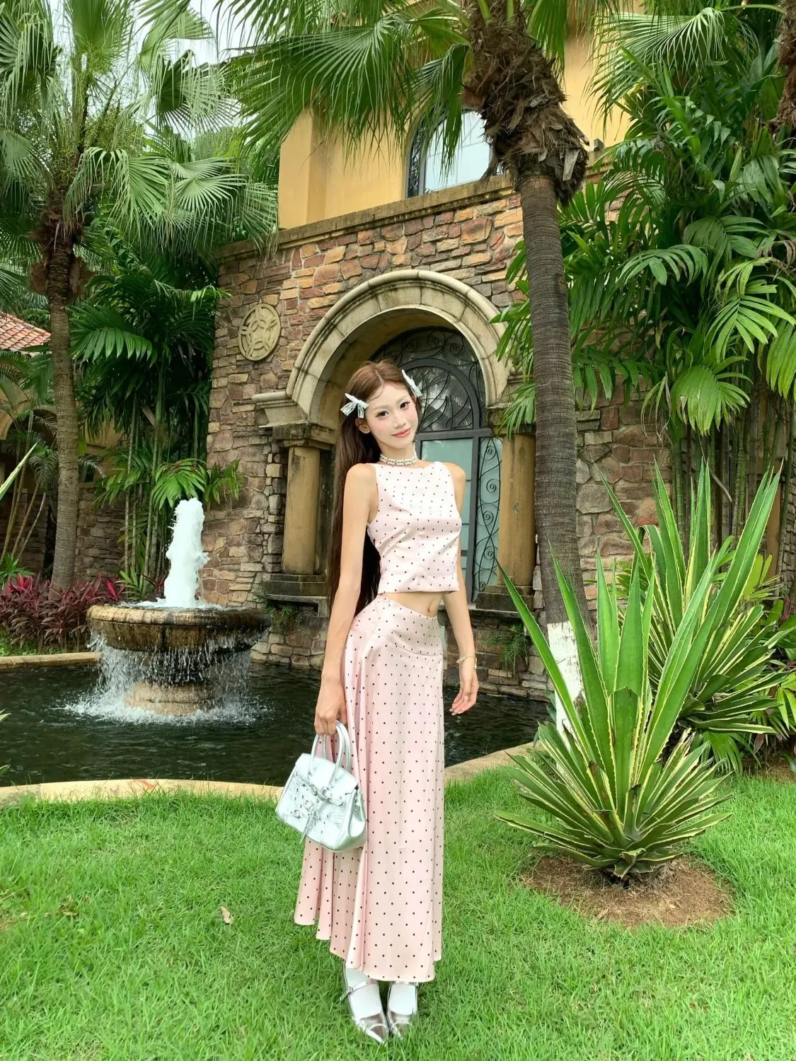 

2024 New Model Polka Dot Top Skirt Women 2-Piece Set Elegant Backless Camisole Sling Vest Satin A-Line Low Rise Skirt Vintage