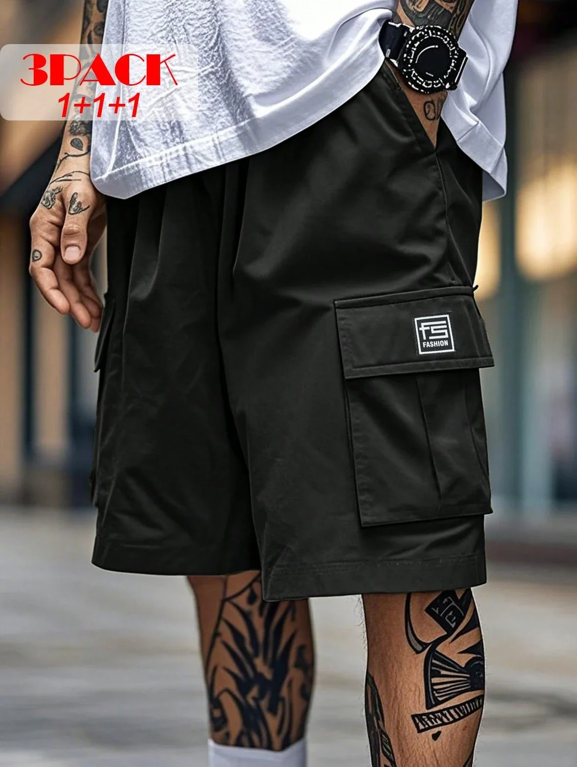 

Набор из 3 мужских шорт-карго свободного кроя с множеством карманов, однотонные, повседневные, летние
