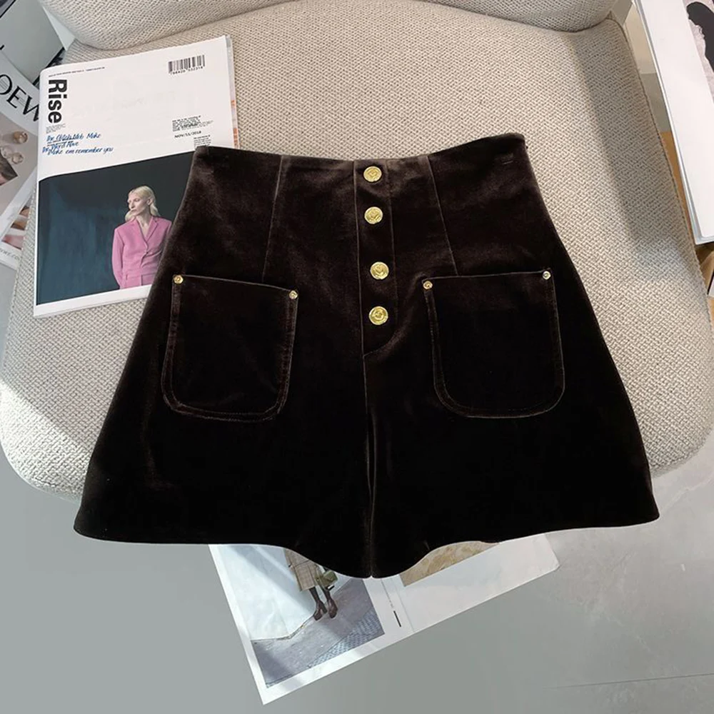 Single Button High Waist A-Line Flared Shorts for Women Vintage Velvet 2025 New Autumn Winter Outer Wear Slim Fit Short Pants