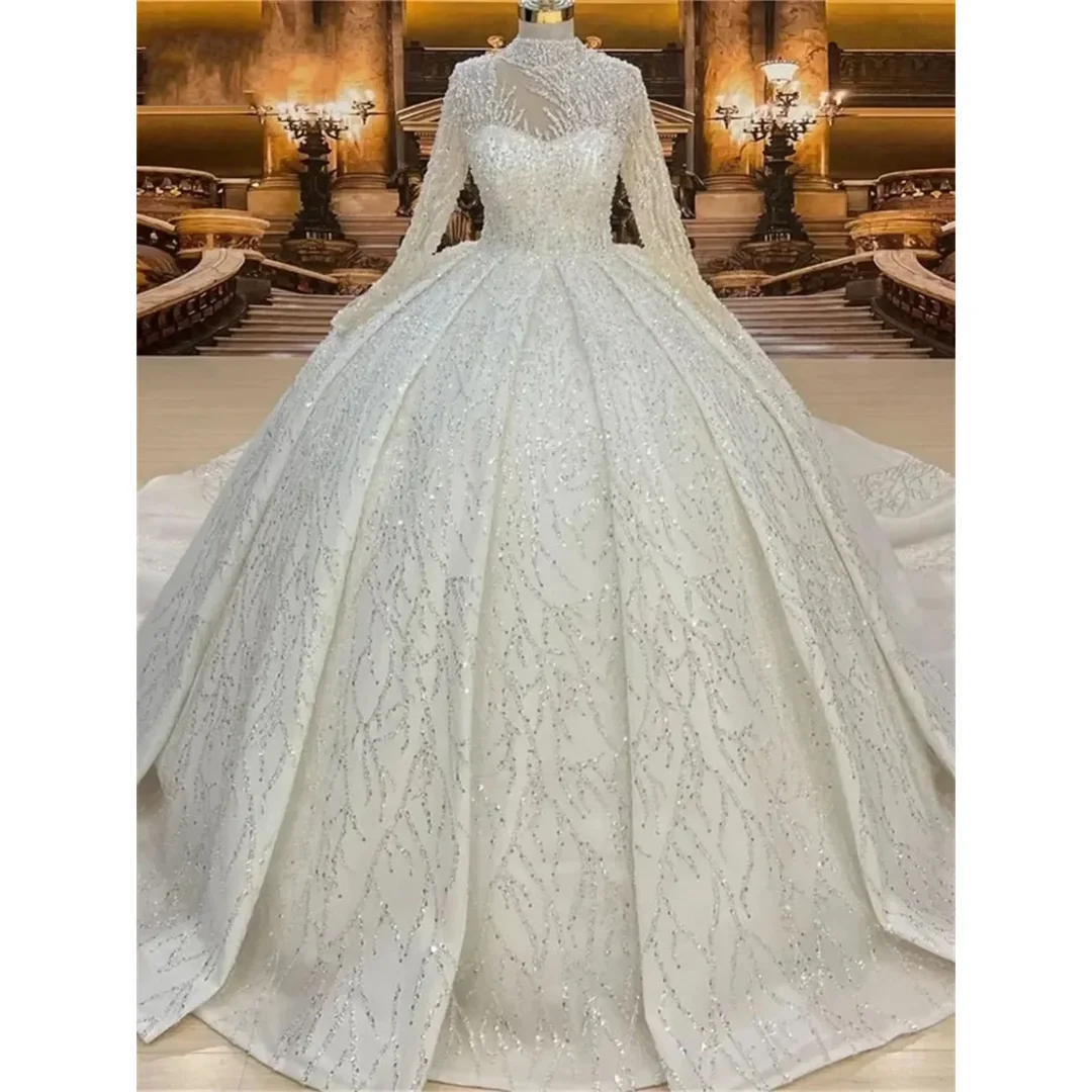 Customized Charming Beaded Sparkling Ball Dress Wedding Dress High Collar Beaded Long Sleeve Bridal Dress Arab Bridal Dress