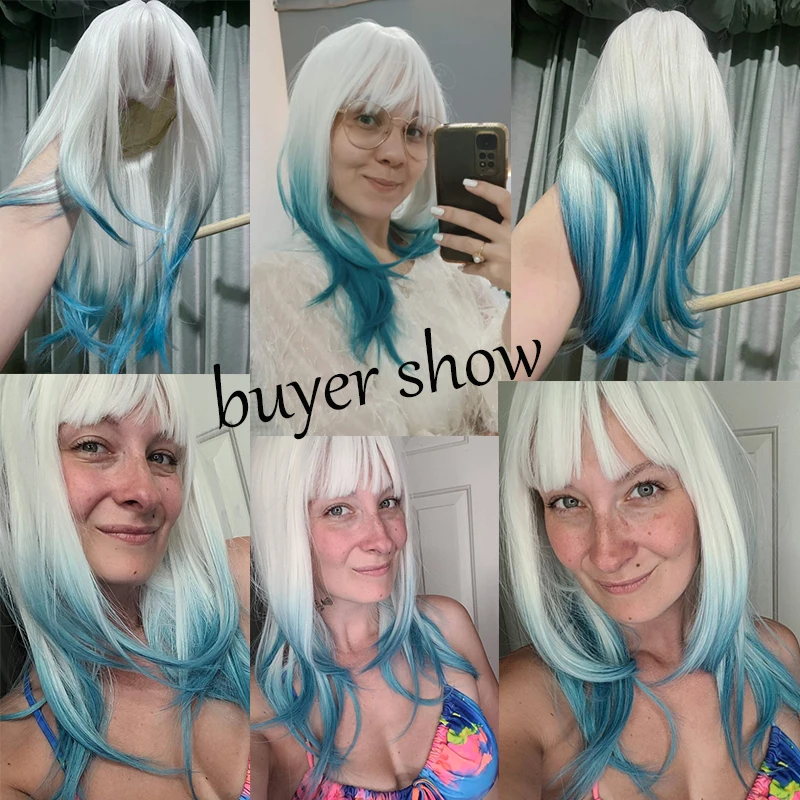 Long Straight Light Blue White Synthetic Wig with Bangs Sky Blue Ombre Cosplay Layered Wig for Women Heat Resistant Natural Hair