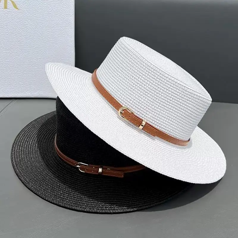 Straw Boater Sun Hat UV Protection Adjustable Leather Strap Trendy Fashion Accessory for Summer Beach Dating Shopping Daily Use