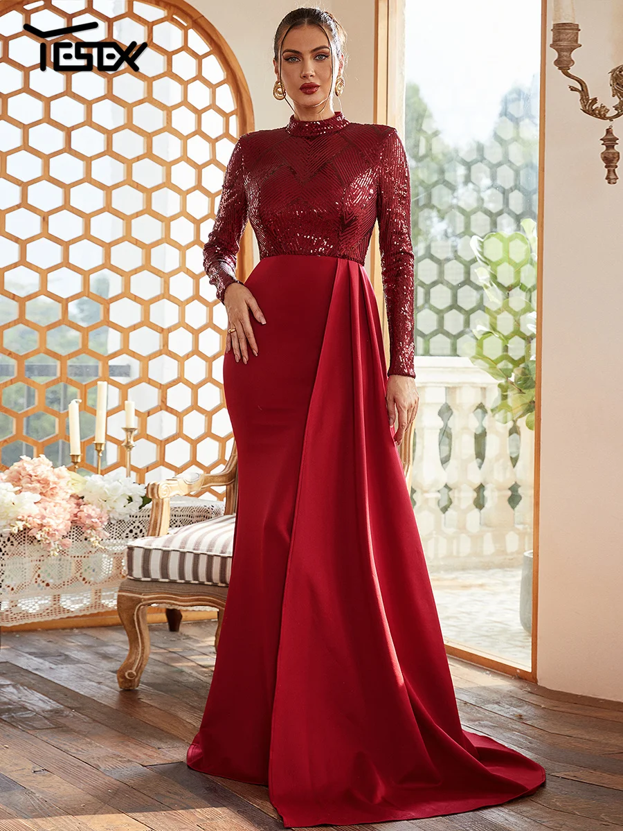 Yesexy-Robe de Cocktail Drapée A-ligne à Manches sulfpour Femme, Robes de Soirée Élégantes, Paillettes, Rouge, Bal de Promo, Luxe, Formel, Nouveau, 2024