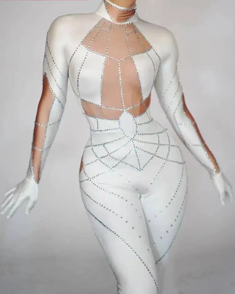 Vestidos de Fiesta de Mono Blanco para mujer, disfraz de arrastre, disfraces de espectáculo de festival sexy, vestido con piedras, cumpleaños,