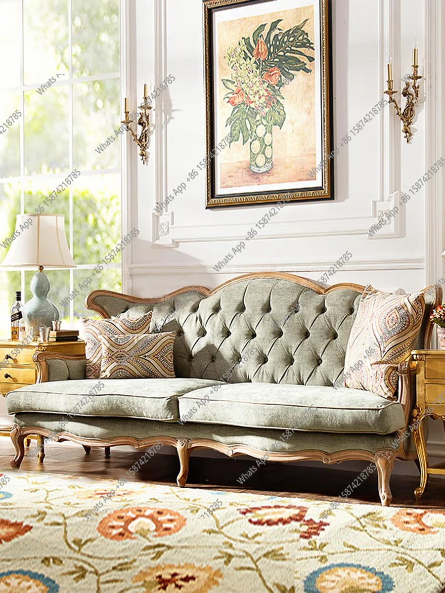

American retro solid wood fabric sofa three-seater living room small apartment combination French retro high back customization