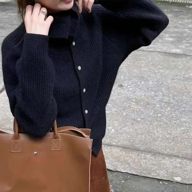 Cardigan lavorato a maglia monopetto tinta unita per donna Primavera e autunno Nuovo maglione versatile a maniche lunghe a collo alto