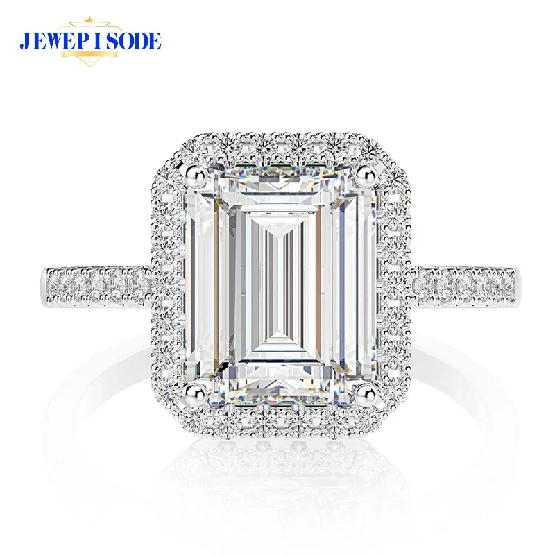 

JEWEPISODE 100% 925 Sterling Silver 4CT Emerald Cut High Carbon Diamond Ring Luxury 18K White Gold Plated Wedding Party Jewelry