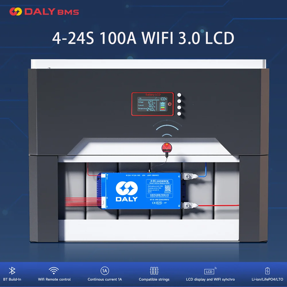 Daly Smart 100 BMS 4S 8S 10S 16S 24S 100A BMS WIFI built in BT  Active Balance 1A BT BMS Lifepo4 NMC Li-Ion