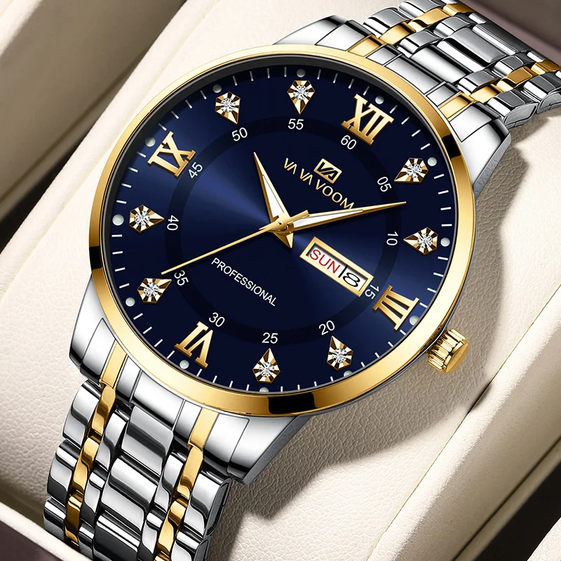 Business Quartz Wrist Watches Men Original 40mm Day Date Week Dual Display Diamond Luxury Watch for Men 3Bar Waterproof Luminous