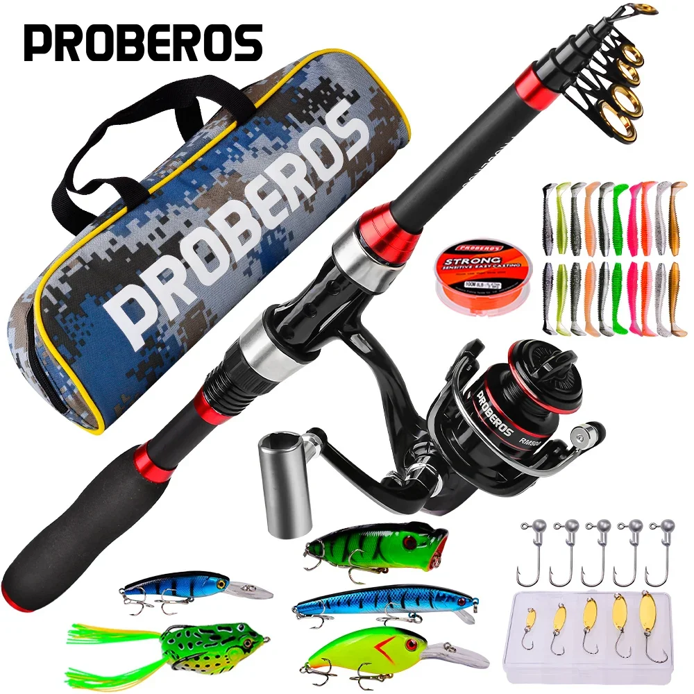 

proberos Fishing Pole Set Full Kits With Telescopic Fishing Rod And Spinning Reel Baits Hooks Travel Pole Set