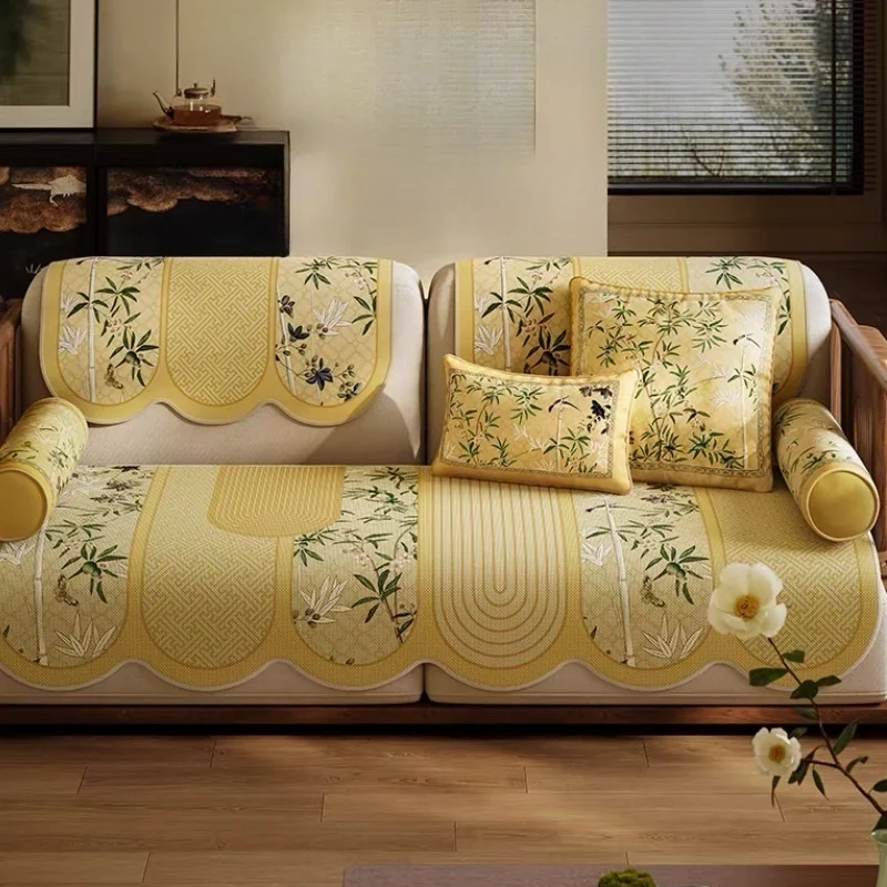 Chinese Bamboo Birds Pillows Retro Classical Cushion Case Luxury Yellow Decorative Pillow Cover For Sofa Chair Home Decorations