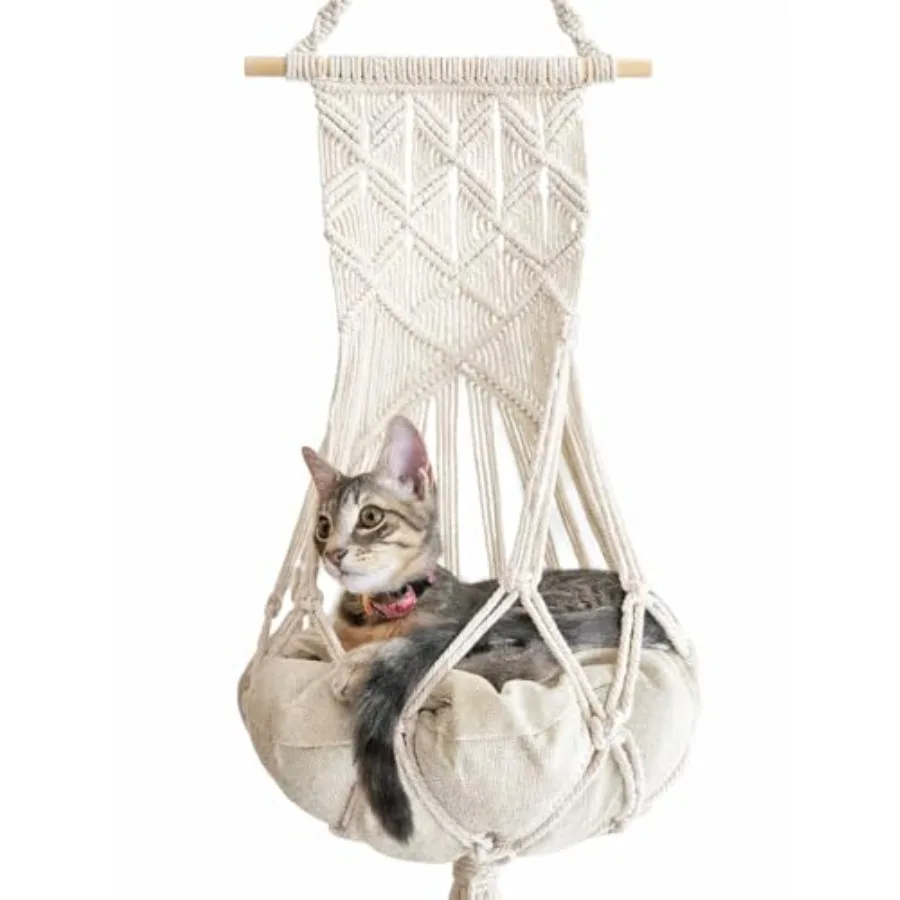 

Подвесная кровать-гамак для кошек в стиле макраме - настенные качели в стиле бохо с подушкой с кошачьей мятой для лазания по стенам и отдыха на окне - комплект крепежа в комплекте