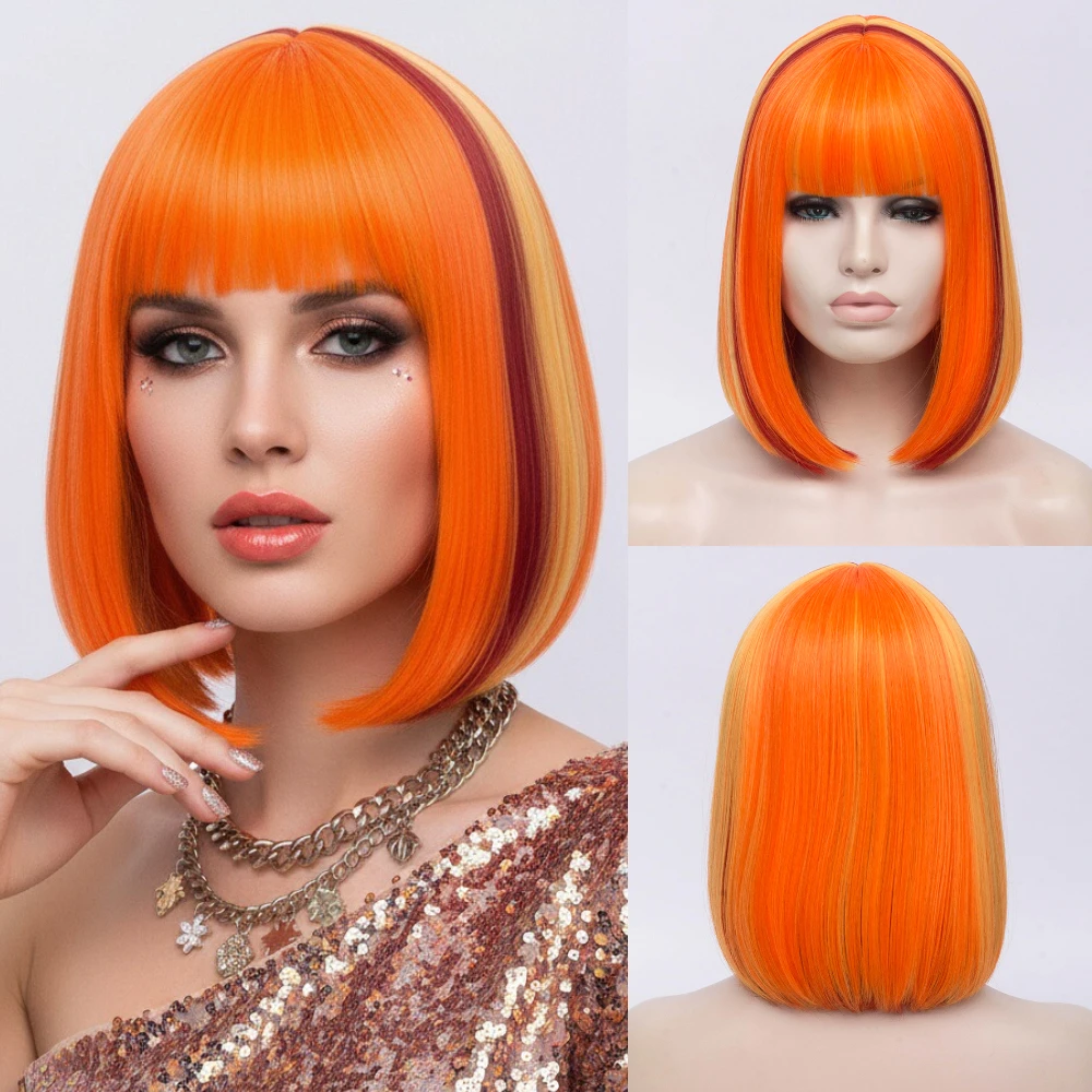 

MSIWIGS Two Tones Bobo Cosplay Wigs Women Pink Blue Mixed Straight Wig with Bangs Short Synthetic Hair