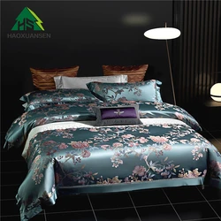 Flowers In Bloom Mulberry Silk Bedding Set Yarn Dyed Jacquard Summer Green Duvet Cover Sheets Pillowcase Service Life Of 8 Years