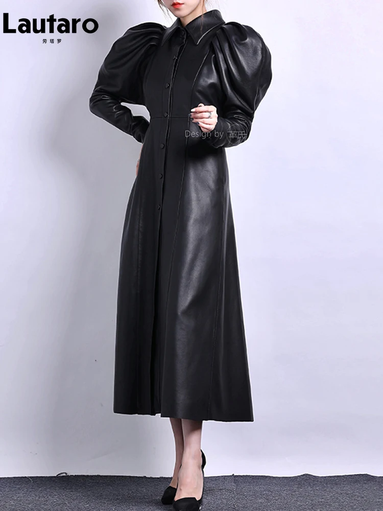 Lautaro Spring Autumn Long Luxury Elegant Retro Black Soft Pu Leather Trench Coat for Women Puff Sleeve Runway Fashion 2023