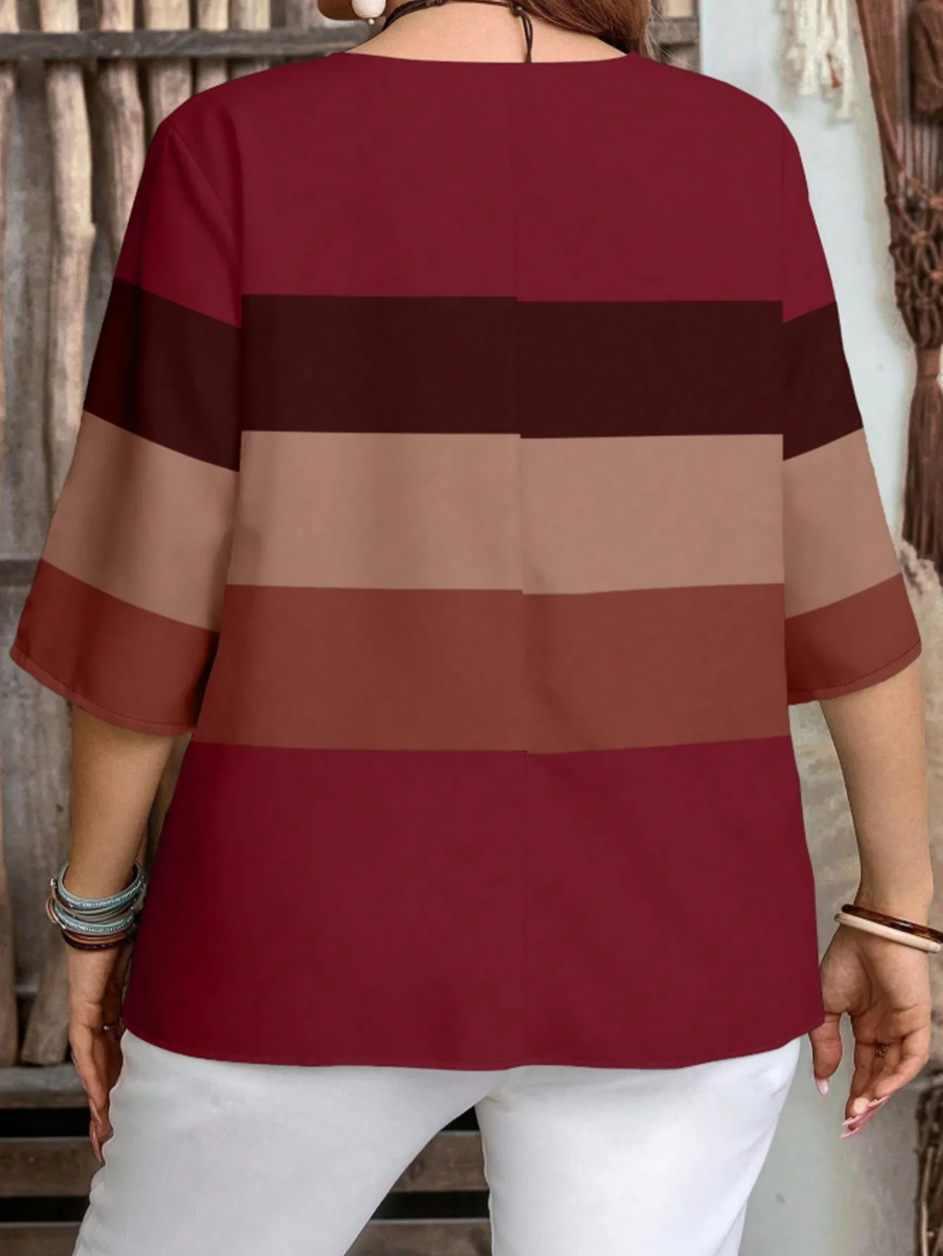 Plus-Size Damen Color-Block Minimalistisches Casual Kurzarm-Shirt Gestreiftes Halbarm-Oberteil Geeignet für Sommer und Herbst – Detail 2