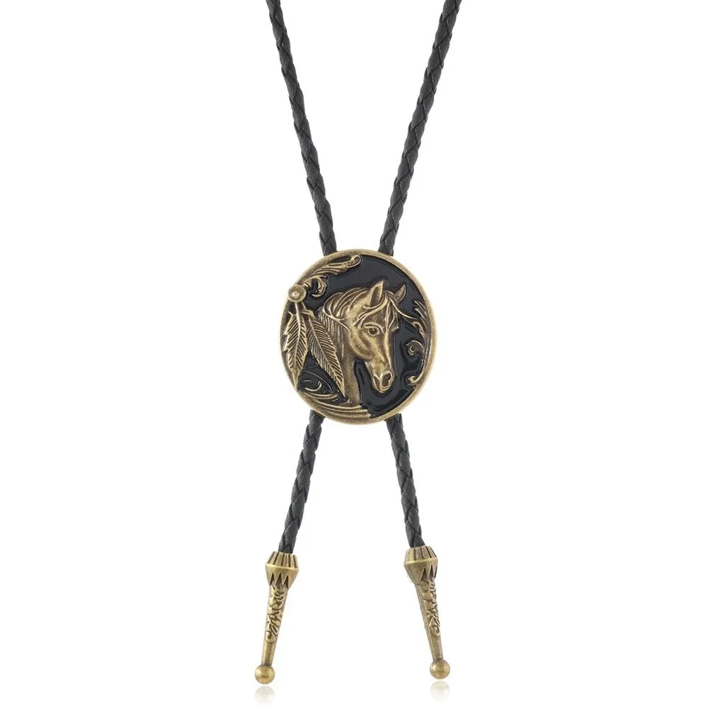 Vintage Oil Drip Horse Head Bolo Tie Alloy Pendant Smooth Polished Horse Head Pendant Retro Plating Leather Rope