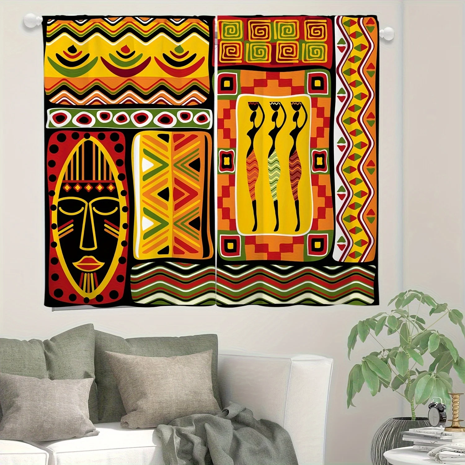 2pcs African Pattern Ethnic Ancient Curtain Colorful Tribal History Print Rod Pocket Curtains Semi Blackout Curtains For Bedroom