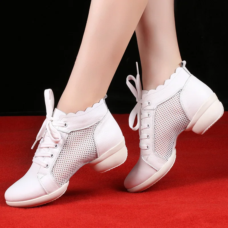 

Women's White Leather Mesh Dance Shoes Sneakers Heels Lady dance shoes Breathable Lace-up Jazz Shoes for Square Ballroom Fitness