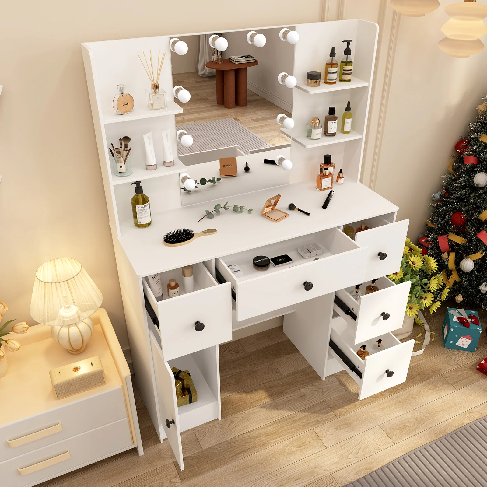 Dresser Desk Bedroom Makeup Dressing Vanity Table Set LED Lights Mirror W/Drawer