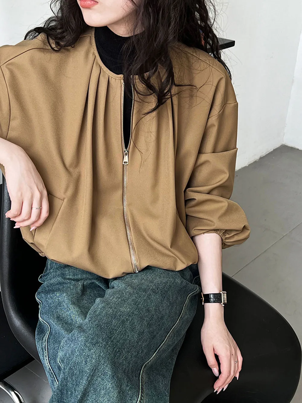 Women's Solid Casual Jacket 2024 Spring Autumn New Three-Quarter Sleeve Folded Fabric Design O-Neck Versatile Outwear