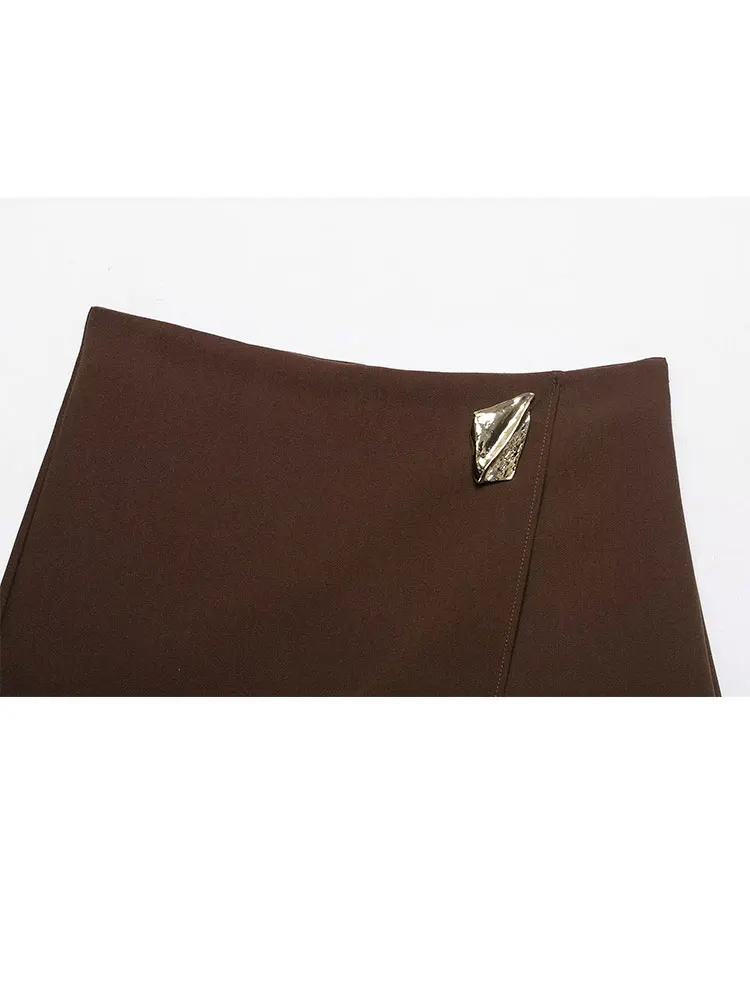 HH 2025 Musim Gugur Busana Wanita Kulot Asimetris Pinggang Tinggi Model A-line Ritsleting Samping Aplikasi Logam Celana Rok Solid Elegan