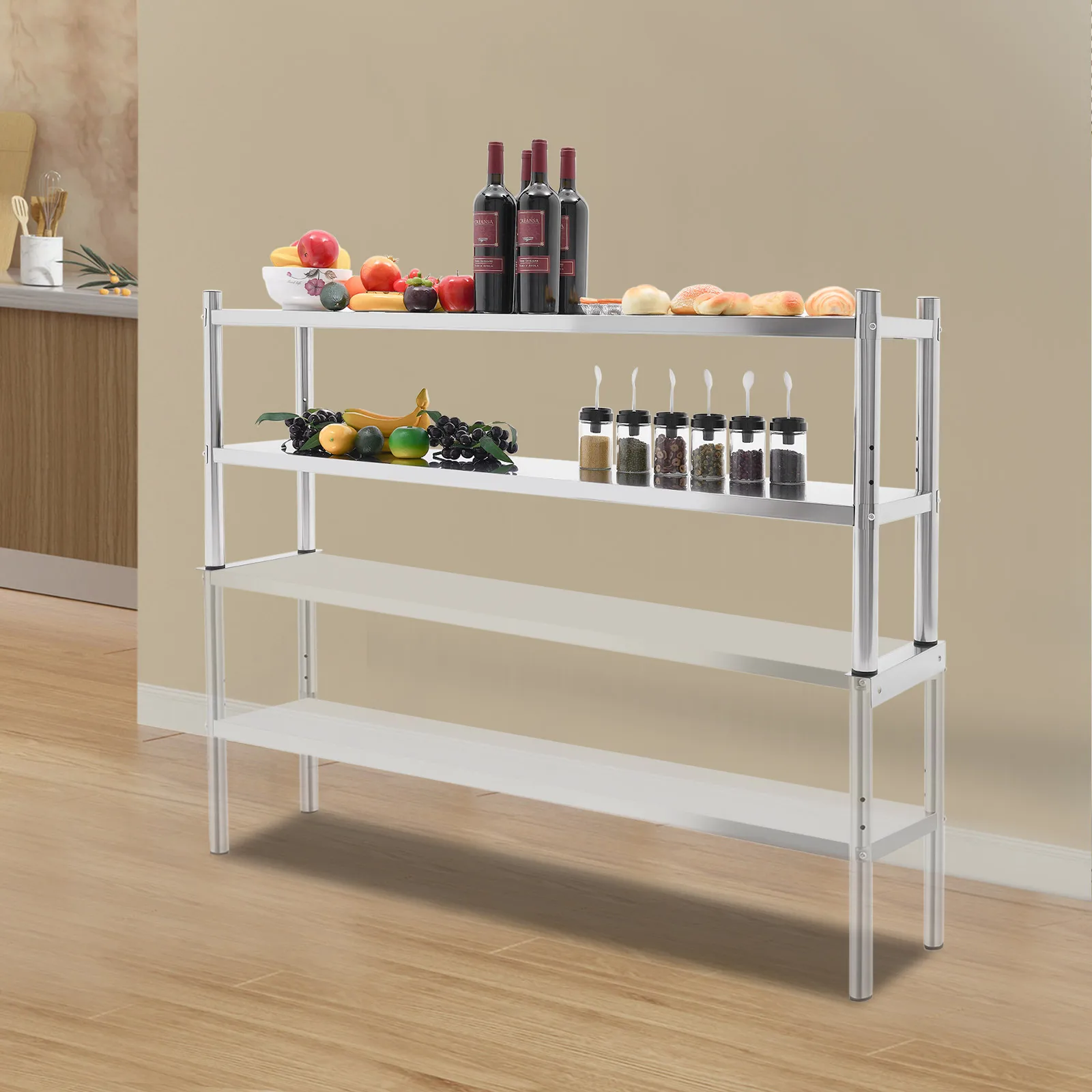 

Stainless Steel Shelving, 2 Tier Adjustable Shelf Storage Heavy Duty Shelving for Storing and Displaying Goods in Shopping Mall
