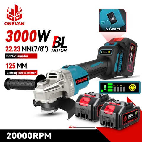 ONEVAN 125MM 브러시리스 전기 앵글 그라인더 3000W 6단 변속 광택 커터 금속 목재 파워툴 (마키타 18V 배터리 핀용)