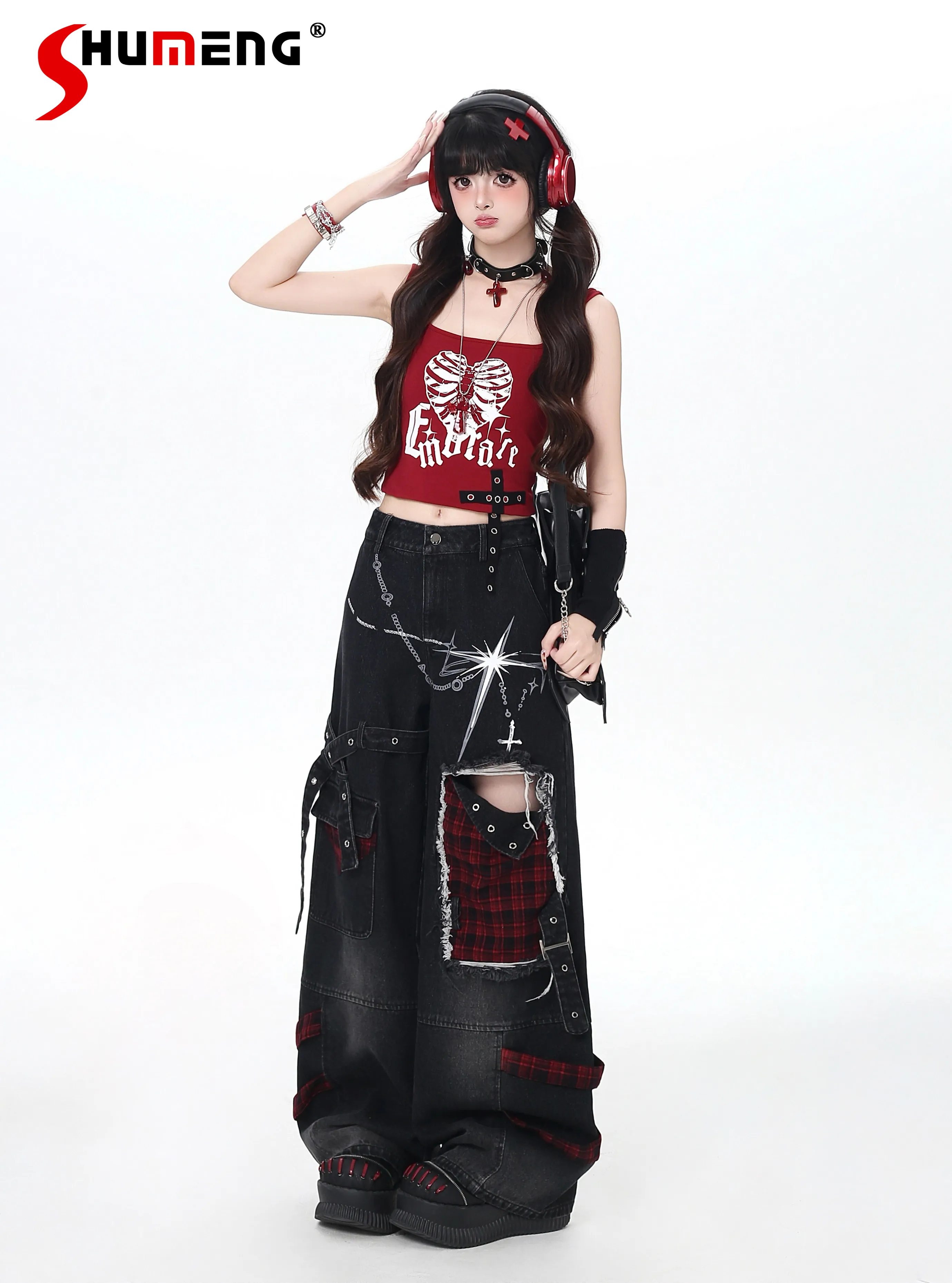 

Original Streetwear Punk Sweet Cool Girl's Retro Jeans High Waist Printed Ripped Versatile Y2K Denim Pants for Women Spring 2026