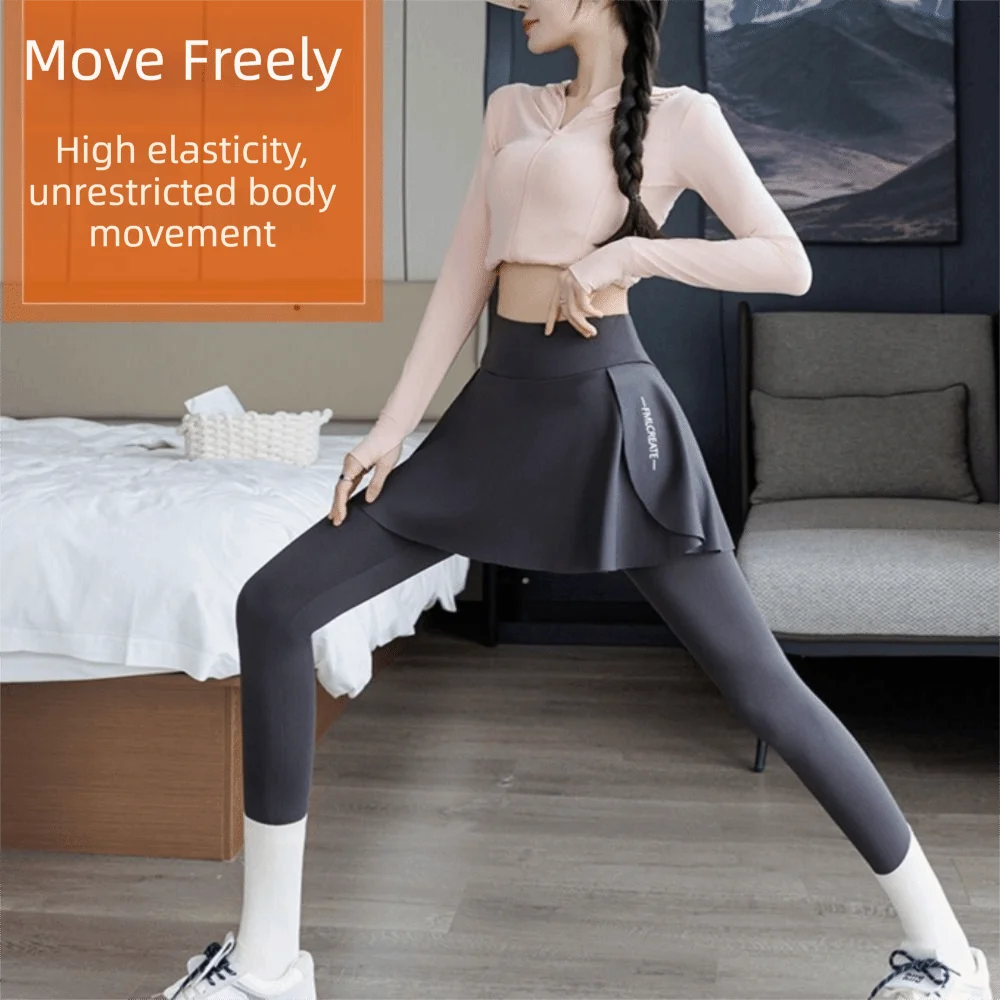 Faux Two Piece Women Yoga Pants High Waisted Skirt Overlay Skirt Leggings Full Length Quick Dry Athletic Leggings Gym Workout