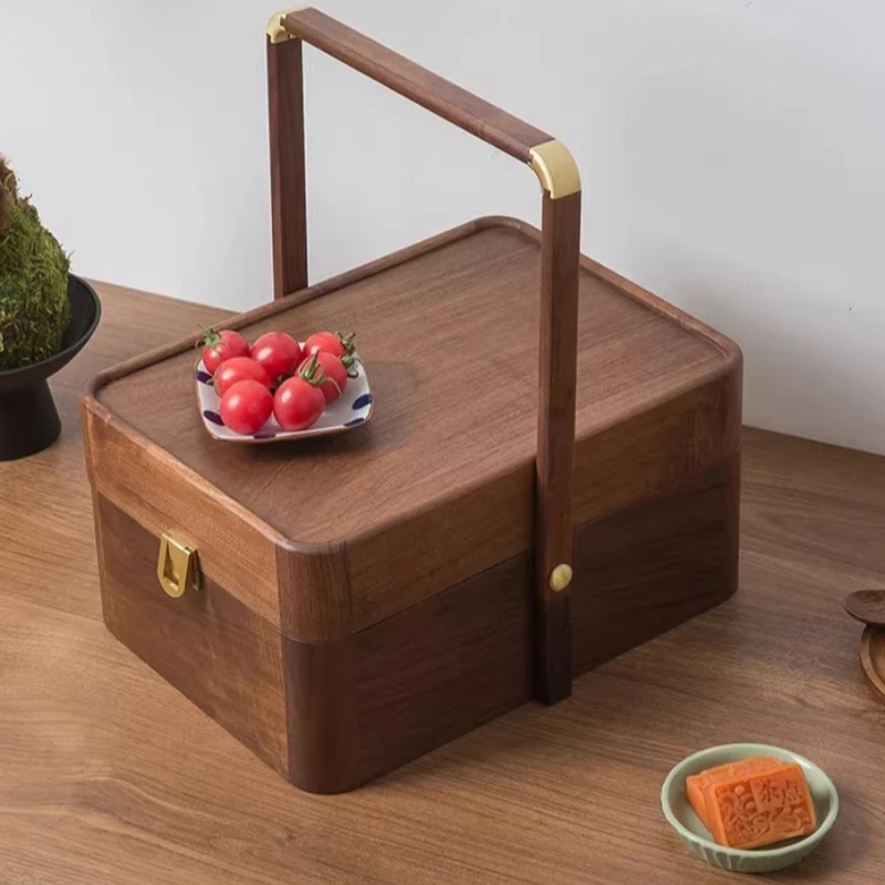 Walnut Wood Snack Storage Box Portable Compartmentalized Container with Handle Dessert Organizer with Lid Dry Fruit & Candy Box