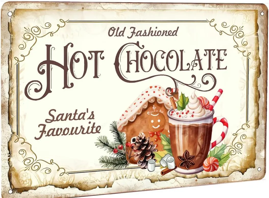 Old Fashion Hot Chocolate Christmas Metal Tin Sign Hot Cocoa Bar Decor Home Farmhouse Cafe Bar Wall Decor 8x12 inch