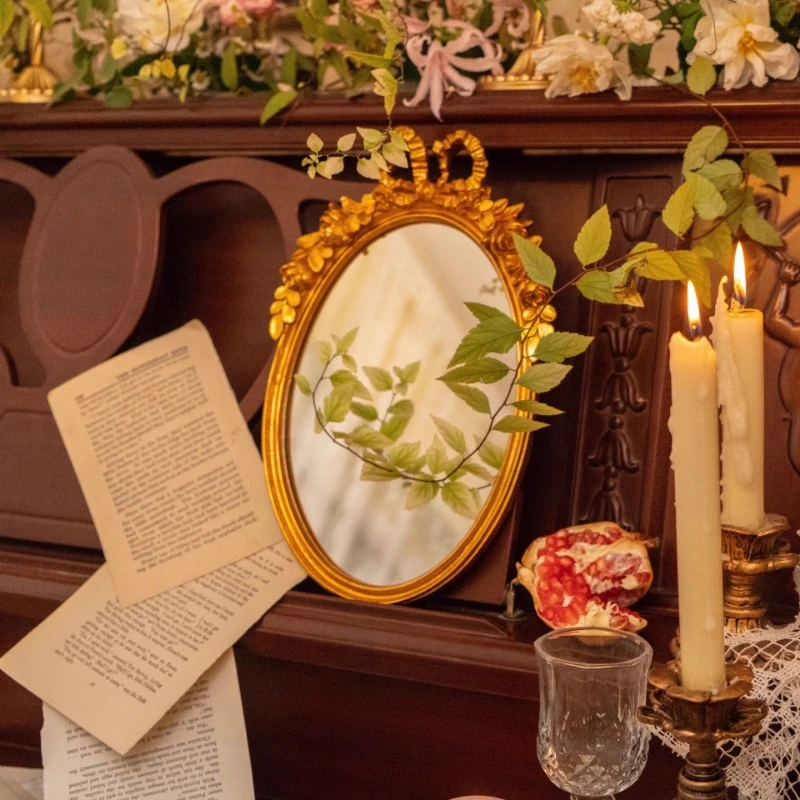 French Baroque Dessert Tray Antique Gold Carved Mirror Glass Platter for Pastry Display Vintage Tea Party Decor Boutique Hotel
