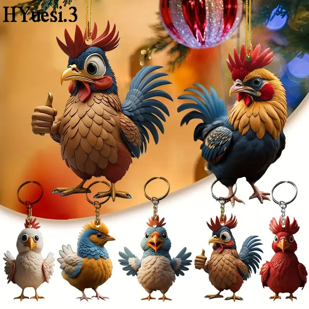 3D Acrylic Cartoon Rooster Keychain Christmas Chicken With Keyring Xmas Tree Hanging Ornament Backpack Car Key Ornament Gifts