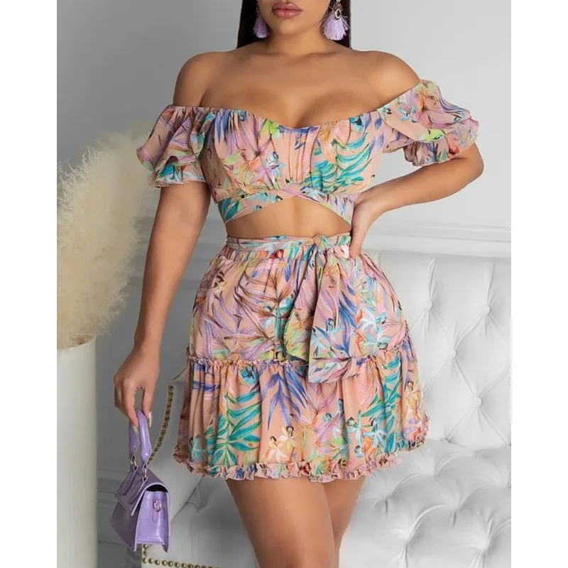 2024 Summer New Women\'s Clothing Floral Floral-Print off-Shoulder Short Top Skirt Suit Two-Piece Set