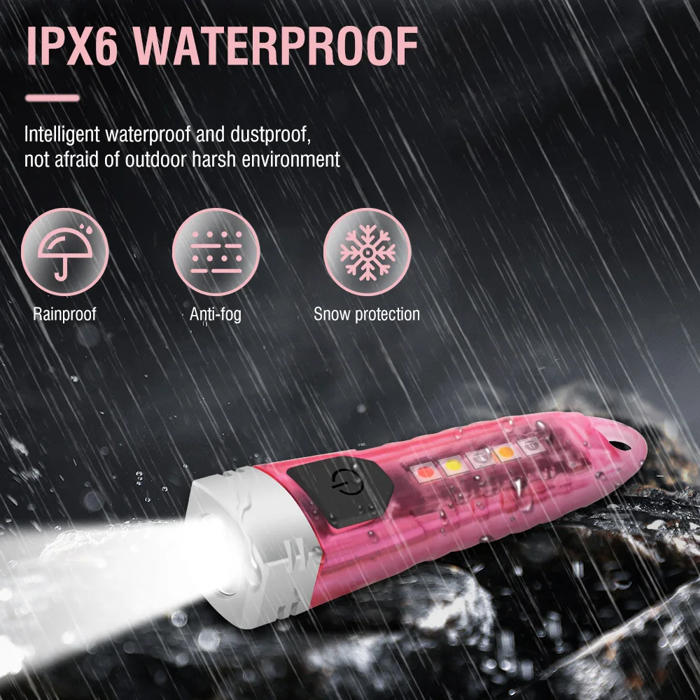 BORUiT V1 Keychain Flashlight Type-C Rechargeable Torch PINK Portable Mini Work UV Light Waterproof Pocket Camping Lantern